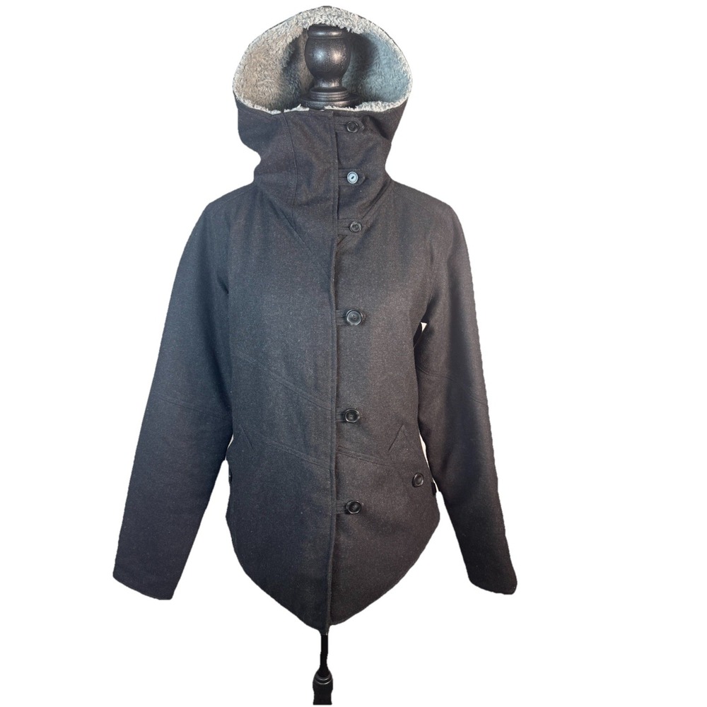 Women's Patagonia Vagabunda Mid Length Black Hooded Pea Coat Medium Black / Grey